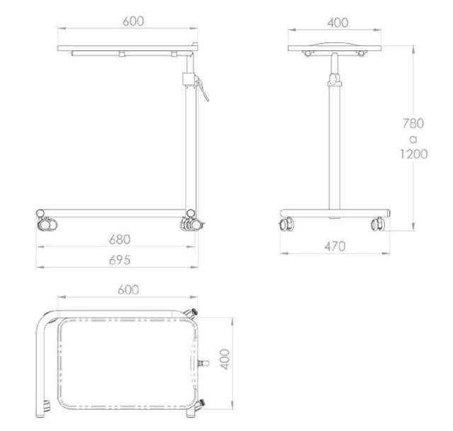 Senge-/læsebord med plastbordplade 69,5 x 47 x 78-120 cm, nedfældig