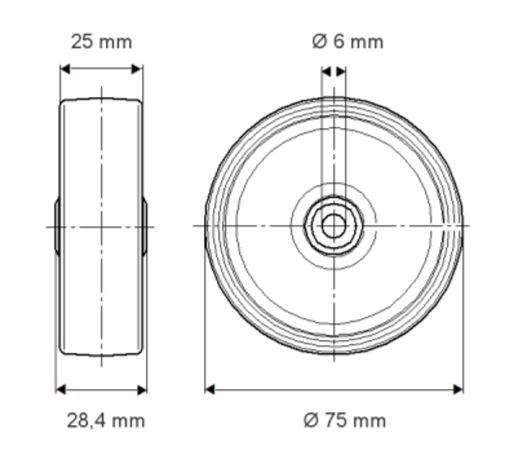 Løst hjul PJC075x25-Ø6 SUPRATECH, DIN-kugle, rustfri