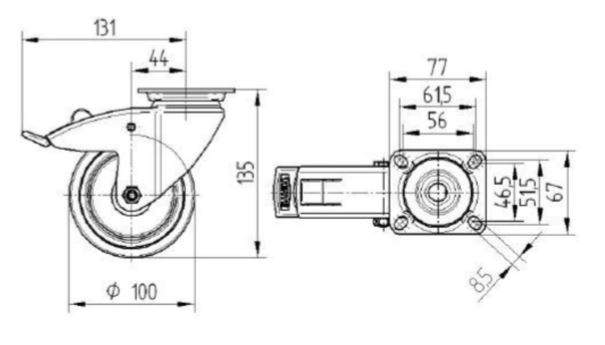 Tente hjul 2477PJP100P50 DIN-kugle.grå gummi, m/bremse