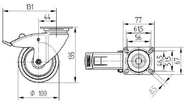 Tente hjul 2471PJP100P50 DIN-kugleleje, grå gummi, retningsbr.