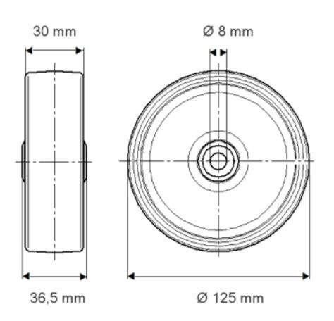 Løst hjul PNP125x30-Ø8, PUR MAXTECH, DIN-kugle