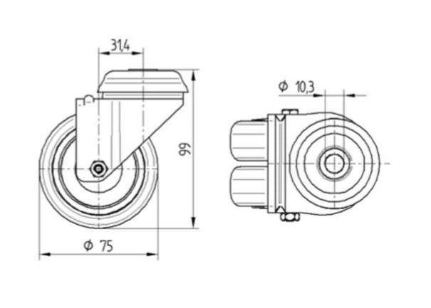 Tente hjul 2970PJP075P30-10 db.hjul, DIN-leje, grå gummi