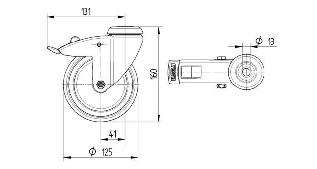 Tente hjul 7477PJC125P30-13 DIN-kugle.+gaff, rustfri m/br.