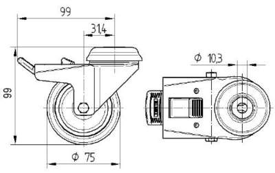 Tente hjul 2977PJP075P30-10 db.hjul, DIN-leje, m/br.
